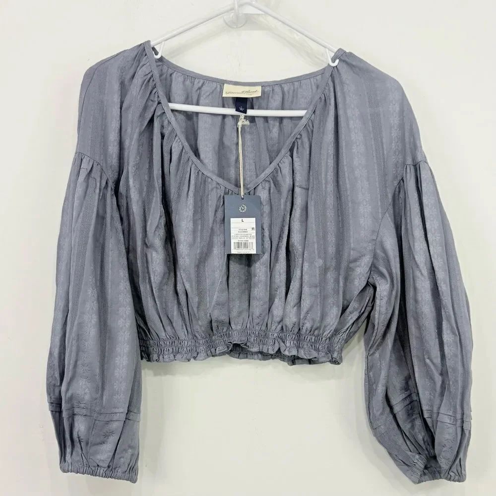 Universal Thread Dusty Blue Cropped Puff Sleeve Peasant Blouse NEW